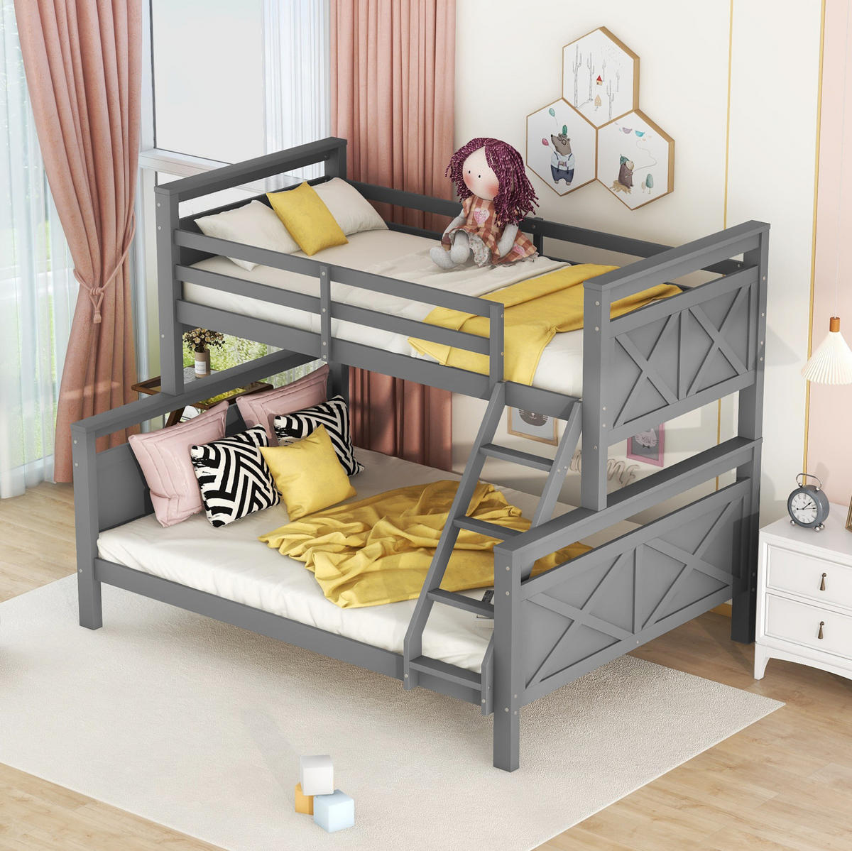 ETAGENBETT 90/140/200 cm aus Kiefernholz und MDF mit Leiter und Sicherheitsgeländer Grau - Grau, Holz (140/200cm) - Modenvie
