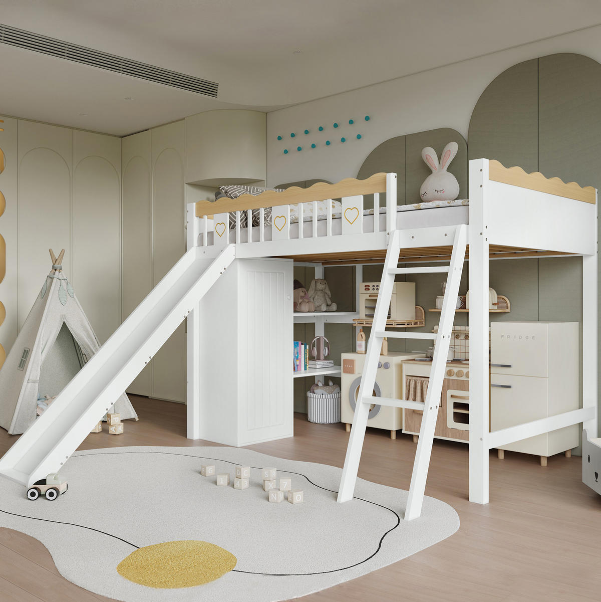 DJEČJI visoki krevet od borovine i MDF-a 90x200 cm bijela/prirodna s toboganom, ormarom i ormarićem - bijela, drvni materijal (90/200cm) - Modfu