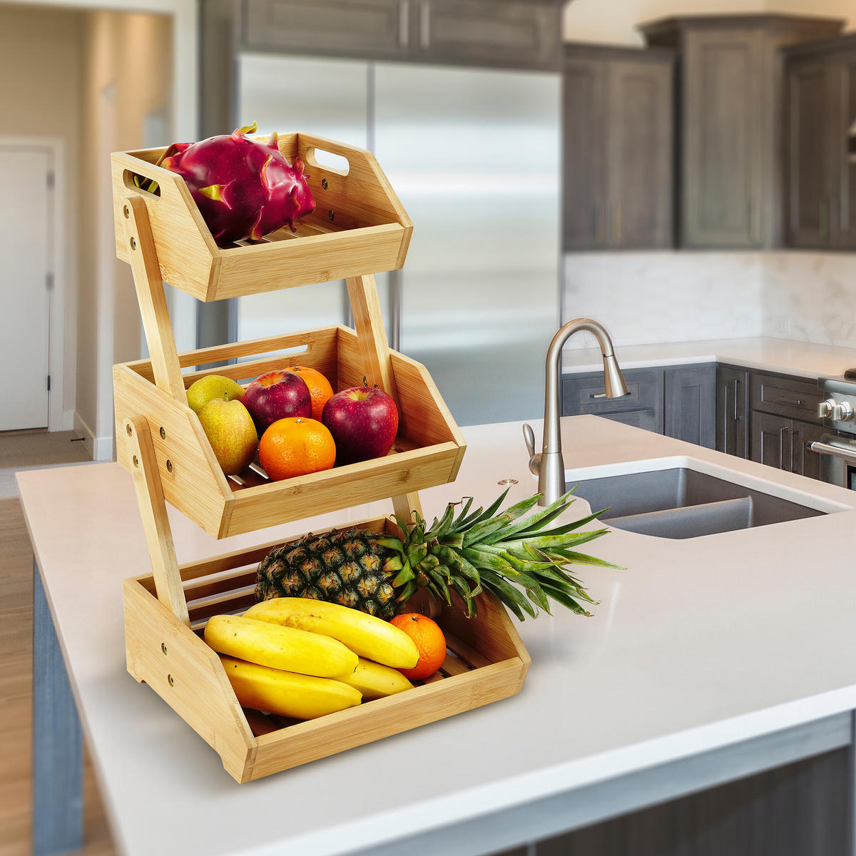 OBSTETAGERE - Hellbraun, Holz (49cm) - Relaxdays