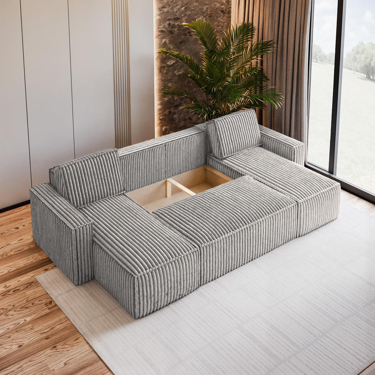 WOHNLANDSCHAFT PESANO T Creme Kordstoff mit Schlaffunktion - Creme, Holz (306/85/140cm) - MASSENO