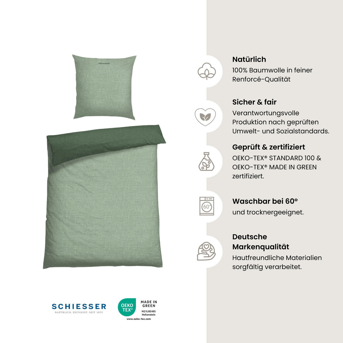 BETTWÄSCHESET Doubleface - Feinbiber - 2-teilig - 135 x 200 cm - Grün - Grün, Textil (135/200cm) - SCHIESSER