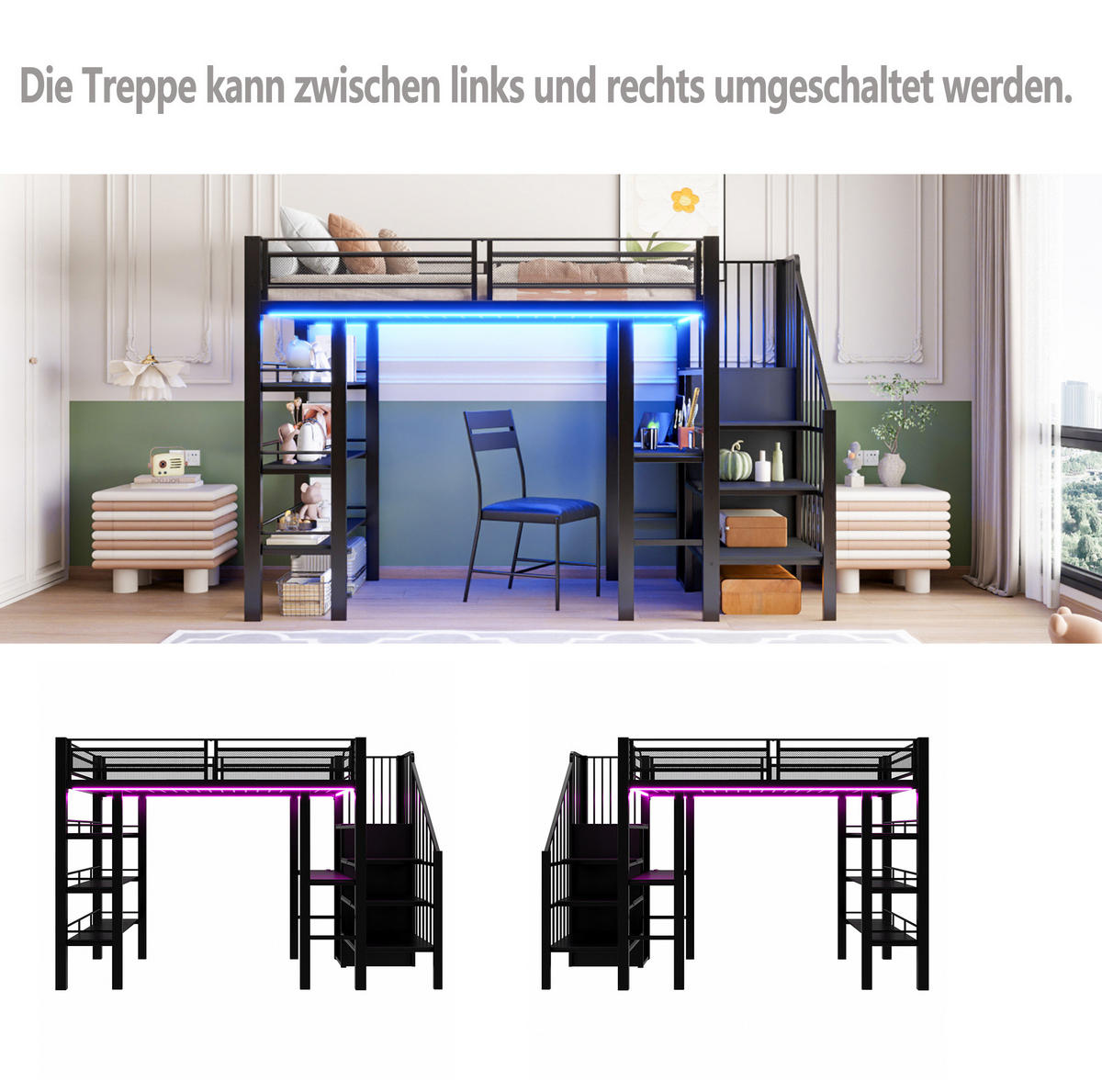 HOCHBETT 90/200 cm mit LED-Lichtleisten, Steckdose, Schreibtisch, Regal und Kleiderschrank, Schwarz - Schwarz, Holzwerkstoff (90/200cm) - Redom