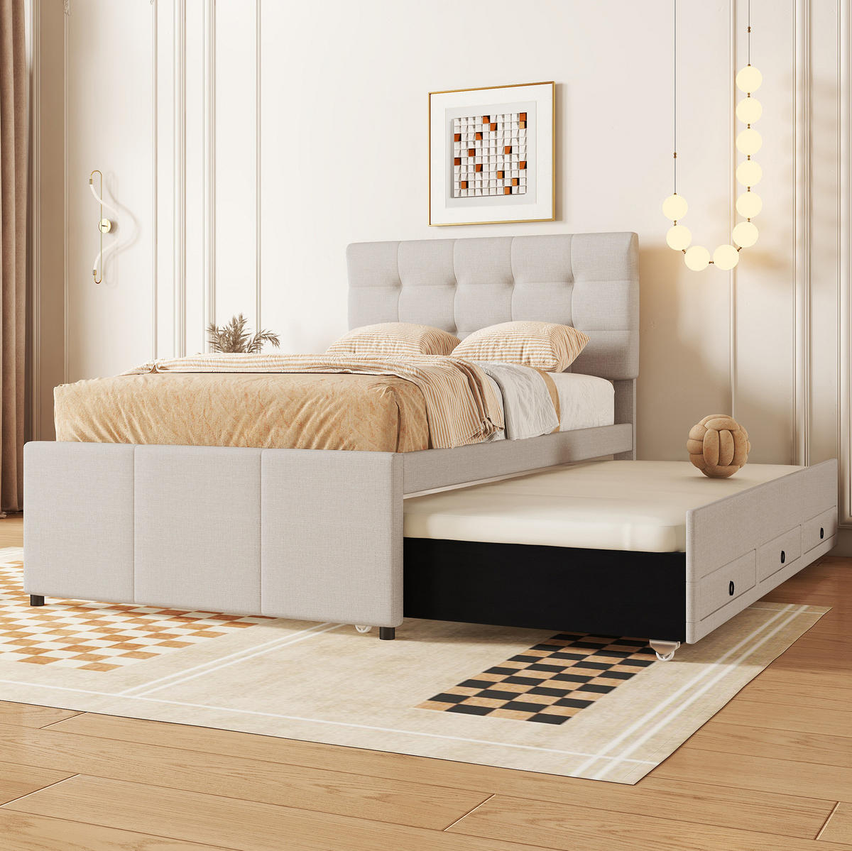 POLSTERBETT 90/200 cm Beige aus Leinen mit Ausziehbett - Beige, Textil (90/200cm) - OKMYHOME