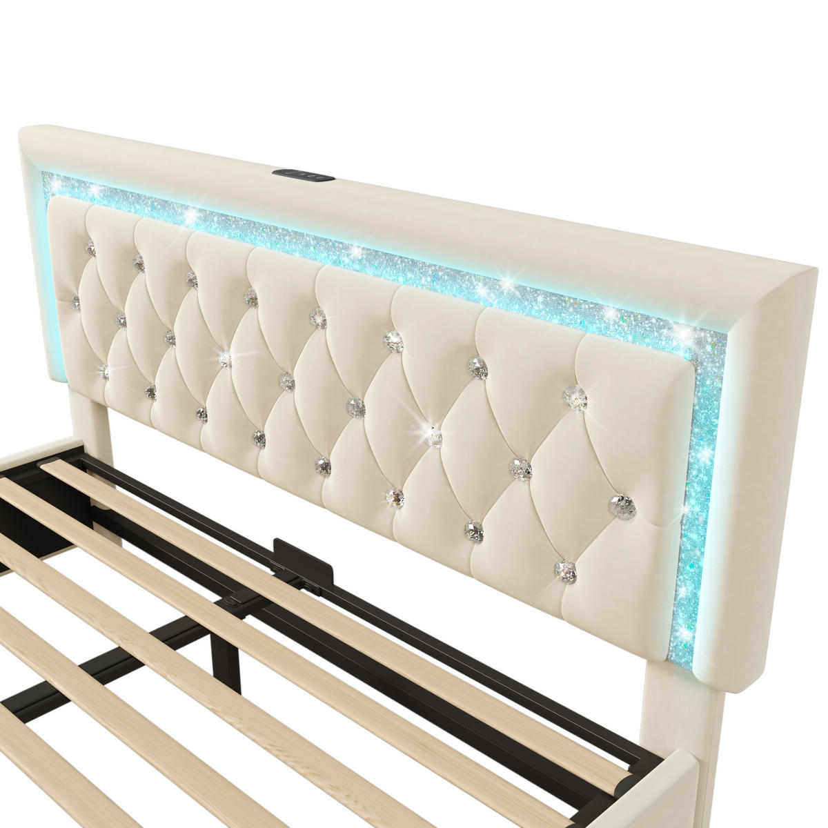 POLSTERBETT aus Samt 140x200 cm in Beige mit LED & USB-Type-C-Ladestation - Beige, Textil (140/200cm) - Modfu