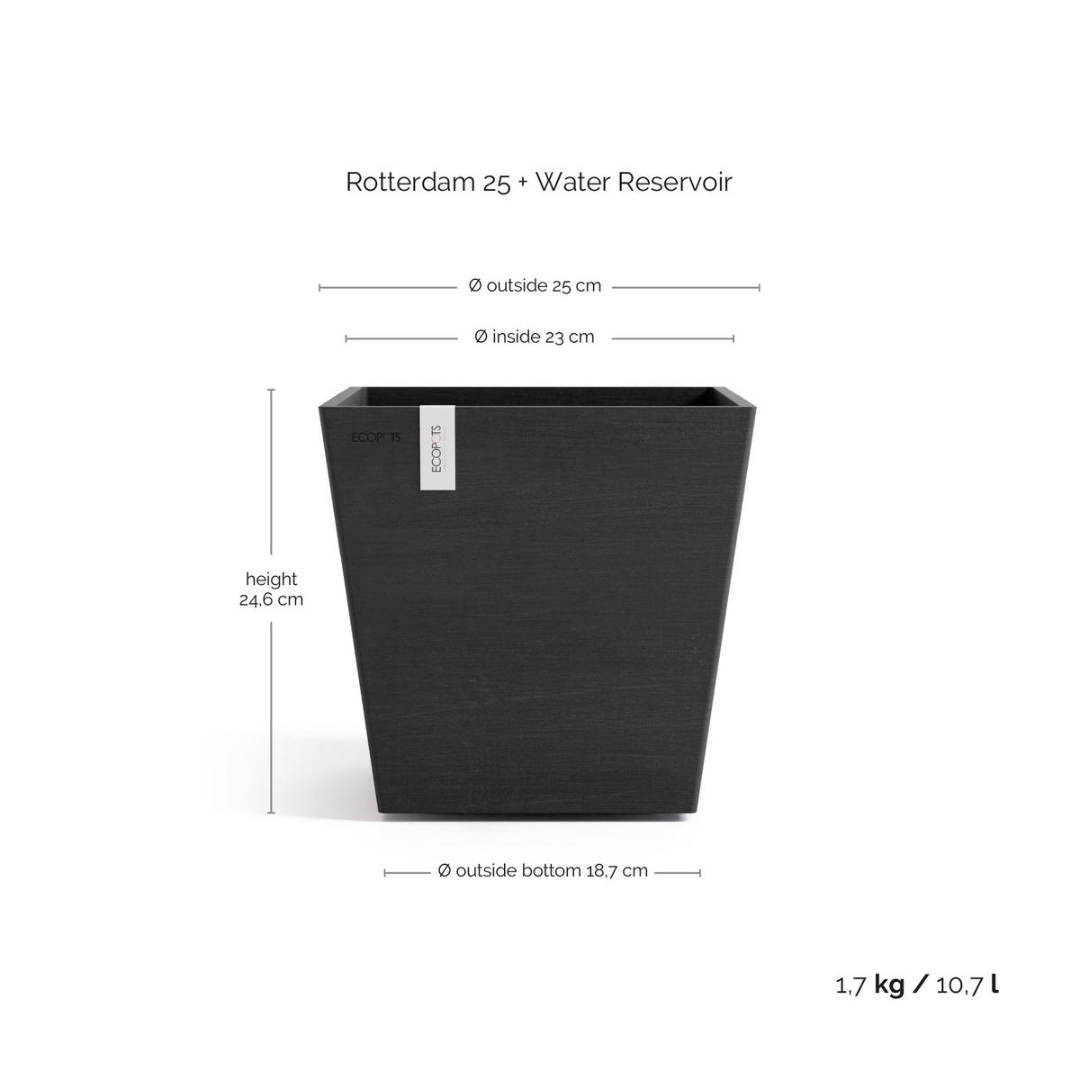 BLUMENTOPF mit Wasserreservoir Rotterdam 25/25/24,6 cm Dunkelgrau - Dunkelgrau, Kunststoff (25/24.6cm) - Ecopots