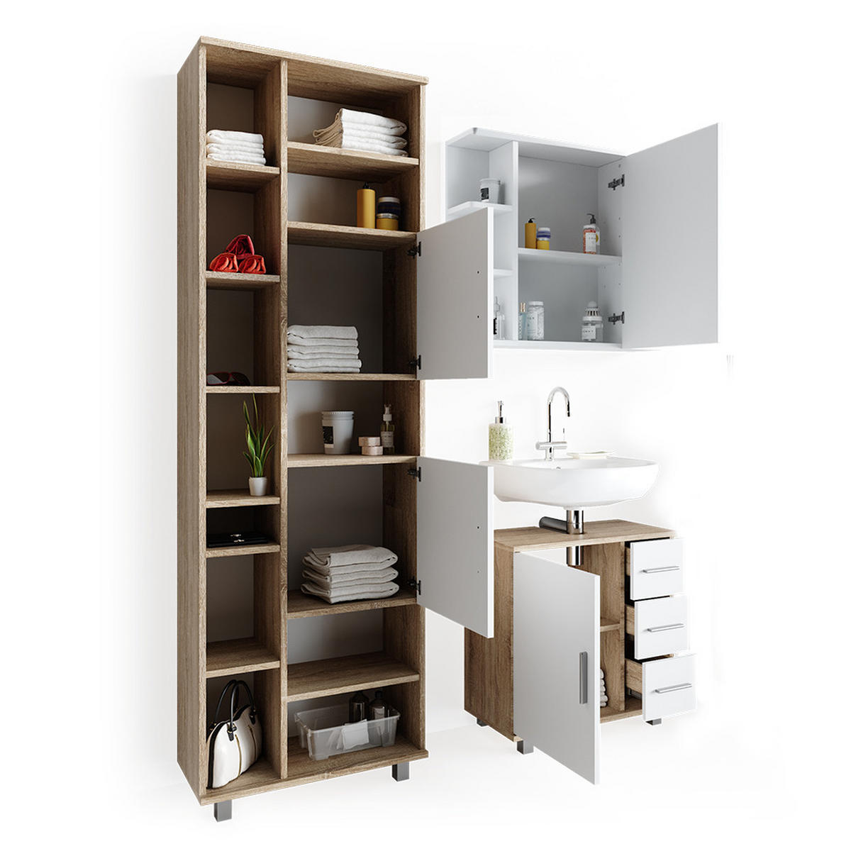 BADMÖBEL-SET Ilias Sonoma 3 Teile, mit Hochschrank - Weiß/Sonoma Eiche, Holzwerkstoff (60/60.8/33cm) - Vicco