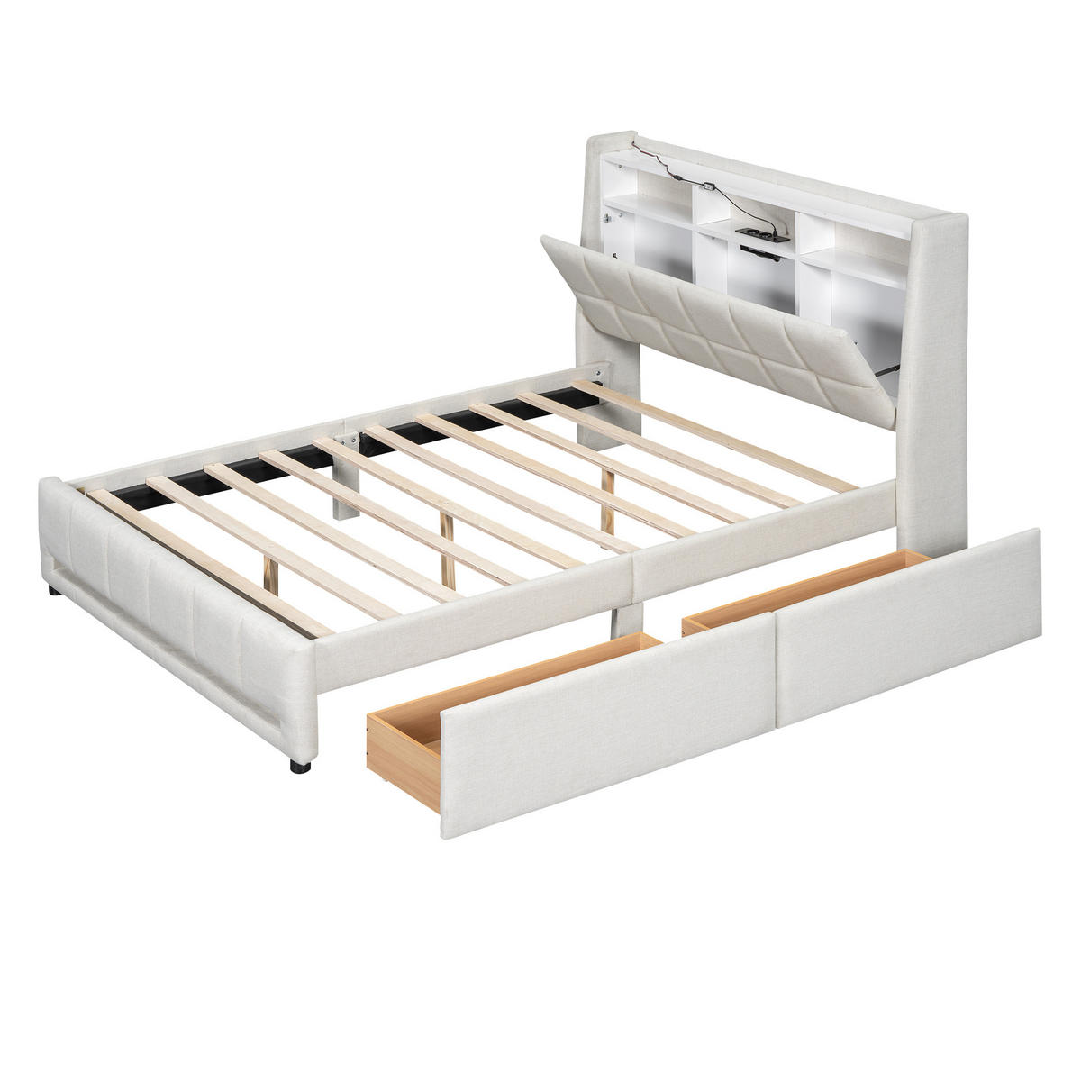 POLSTERBETT 140/200 cm beige mit LED-Beleuchtung und USB-Anschluss - Beige, Textil (140/200cm) - OKWISH