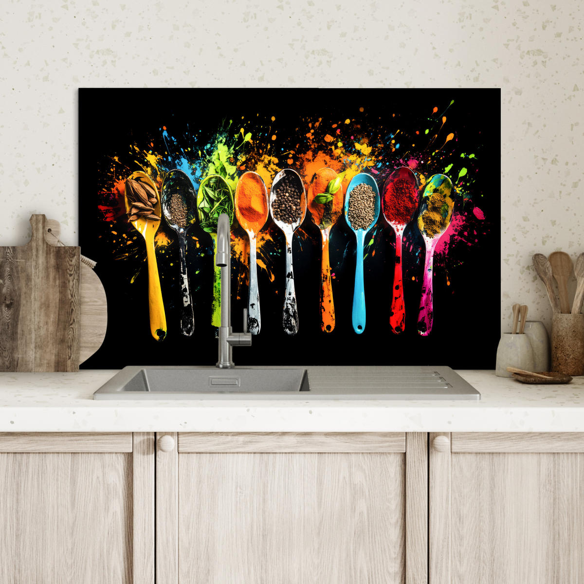 SPRITZSCHUTZ KÜCHE Löffel - Gewürze - Modern - Graffiti - Farbe - Farbenfroh 70x50 cm - Multicolor, Metall (70/0.3/50cm) - MuchoWow
