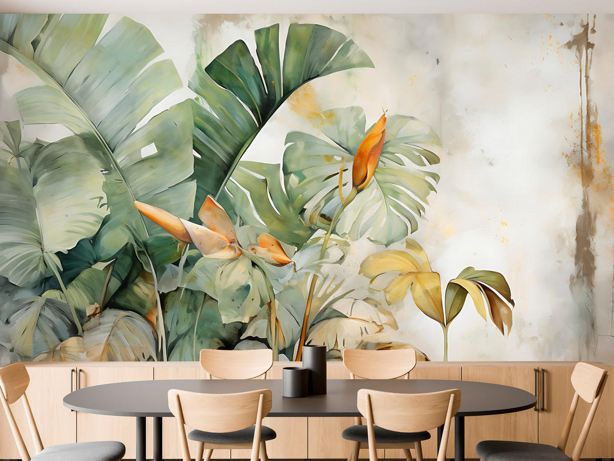 FOTOTAPETE für Wohnzimmer Exotische Blätter Abstrakt Pastell 300x210 - Gelb/Beige, Papier (300/210cm) - Muralo