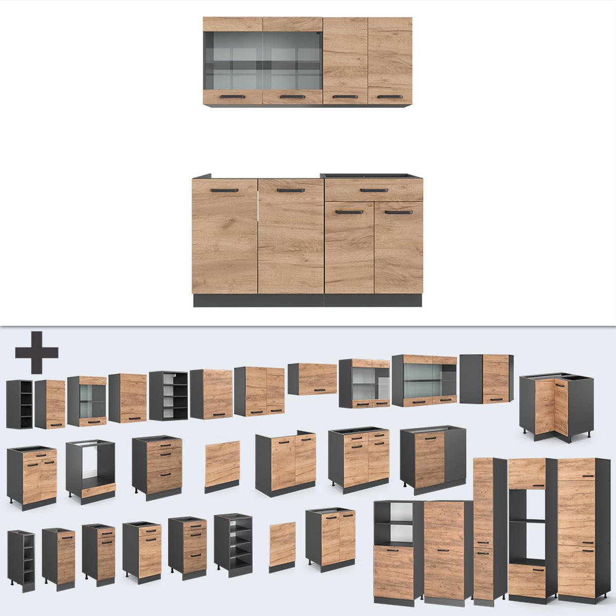 SINGLEKÜCHE R-Line Goldkraft Eiche/Anthrazit 140 cm, AP Anthrazit - Honigeiche/Anthrazit, Holzwerkstoff (140/81.6/60cm) - Vicco