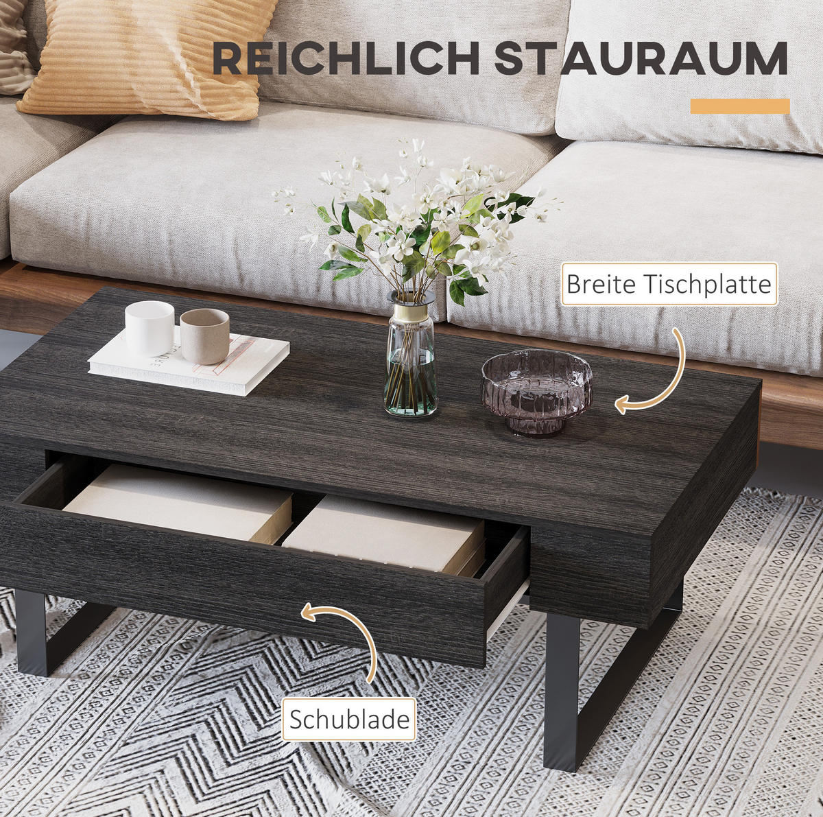 COUCHTISCH 110/60/40 cm mit Schublade und Regal in Dunkelgrau - Grau, Holzwerkstoff (110/60/40cm) - Flora Grace