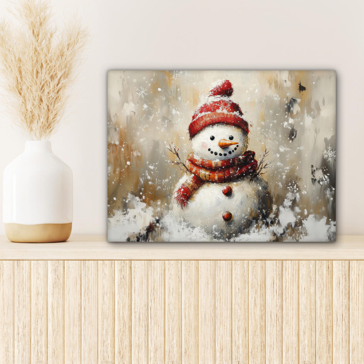 LEINWANDBILD Schneemann - Winter - Schnee - Beige 40x30 cm - Weiß, Textil (40/30cm) - MuchoWow