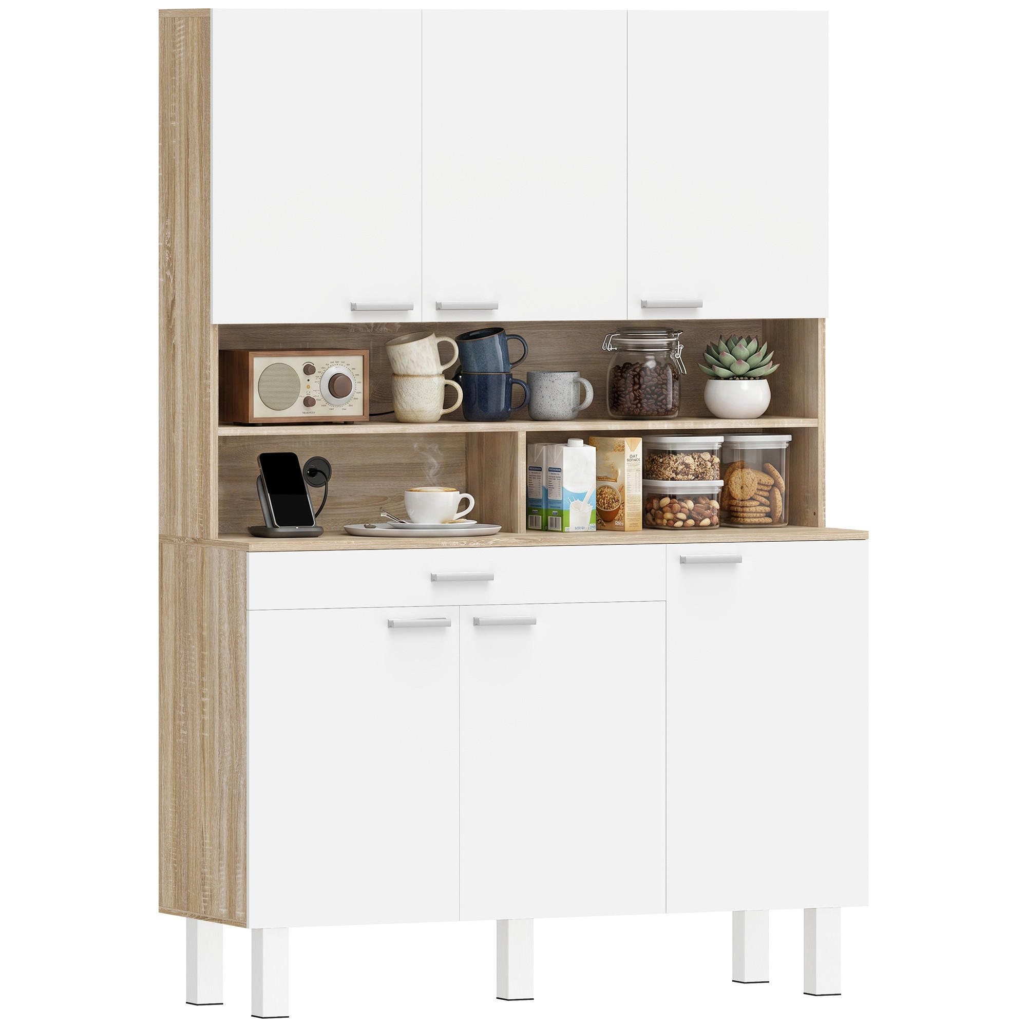 KÜCHENSCHRANK Weiß und Naturholz-Optik, 6 Türen, 120/40/175 cm - Weiß, Holzwerkstoff (120/175/40cm) - PANGIVO