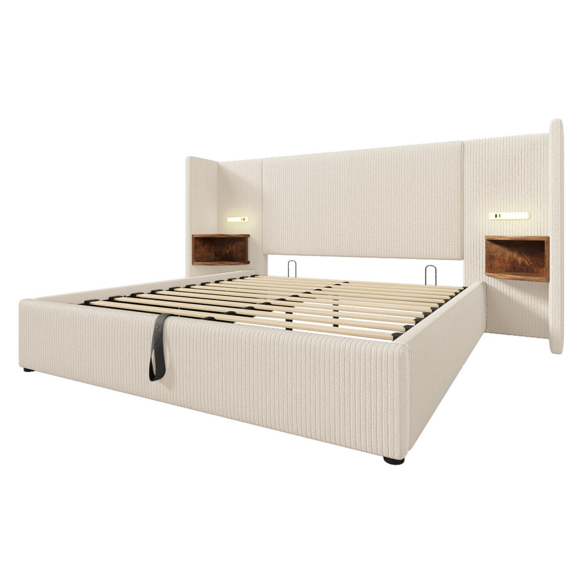 POLSTERBETT 160/200 cm Beige mit Stauraum, Leselampe und USB- und Type-C-Anschlüssen - Beige, Textil (160/200cm) - Flora Grace