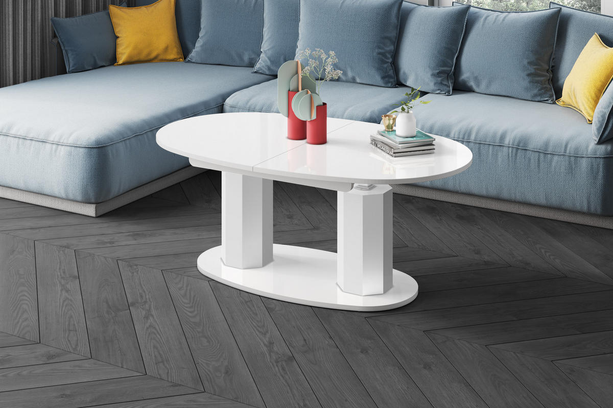 COUCHTISCH Weiß Hochglanz oval ausziehbar höhenverstellbar - Weiß Hochglanz, Holzwerkstoff (80/130/54cm) - designimpex