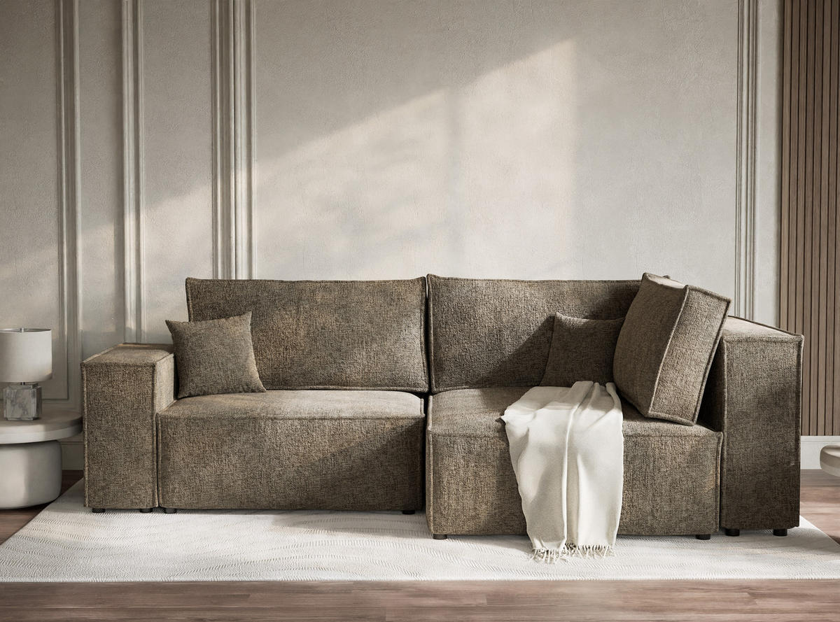 ECKSOFA MIT SCHLAFFUNKTION Tonga Taupe Chenille-Stoff - Schwarz/Braun, Holz/Holzwerkstoff (255/105cm) - Maison de Reve