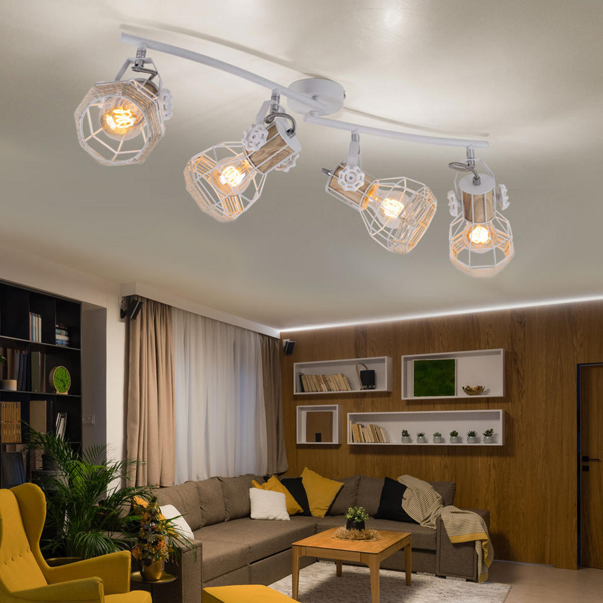 DECKENLEUCHTE Metall Weiß Holzoptik - Weiß, Holz (72/32/20cm) - Globo Lighting