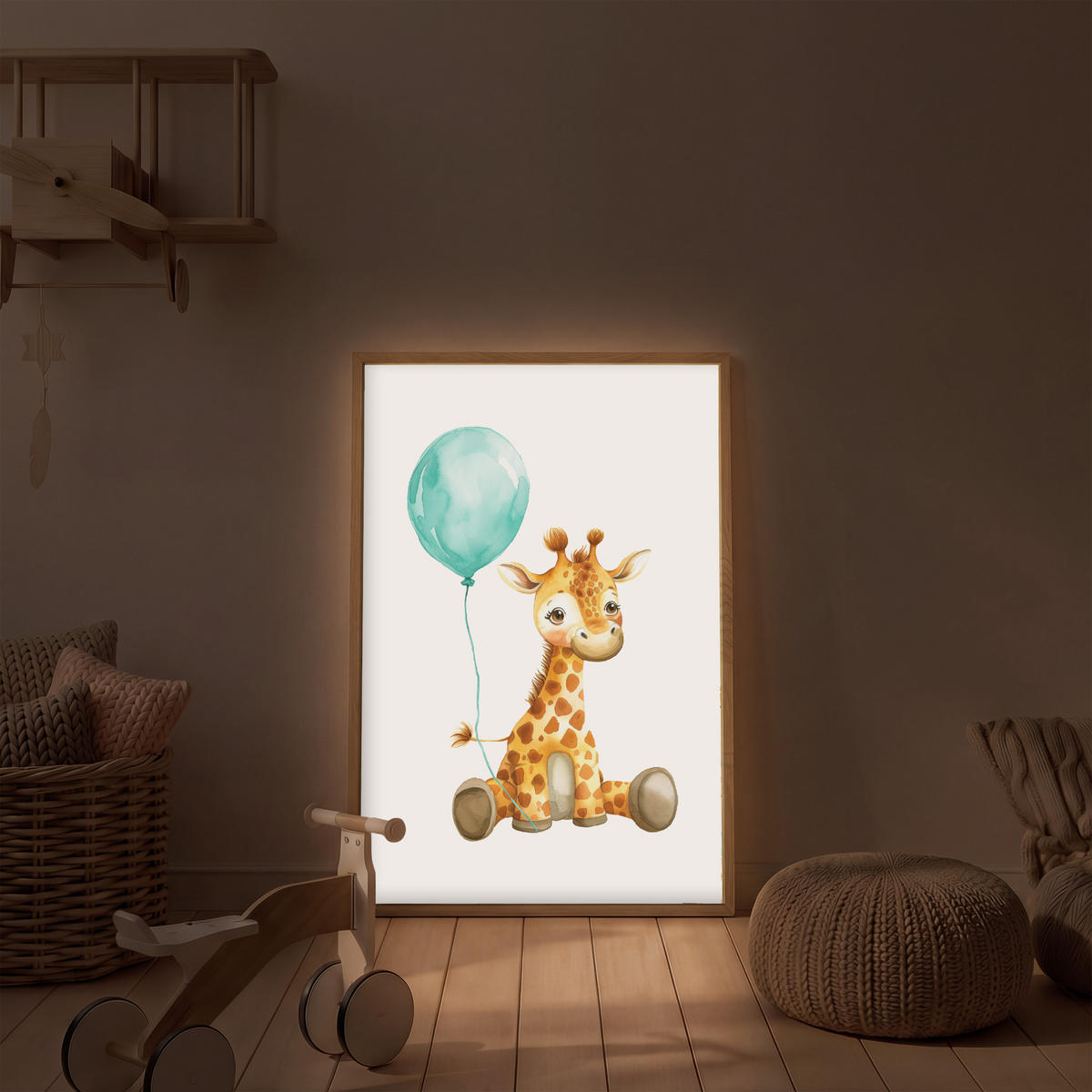 NACHTTISCHLAMPE MIT AKKU Giraffe - Baby - Tiere - Blauer Ballon 60x90 cm - Weiß, Holzwerkstoff (8/60/90cm) - OnlyWow
