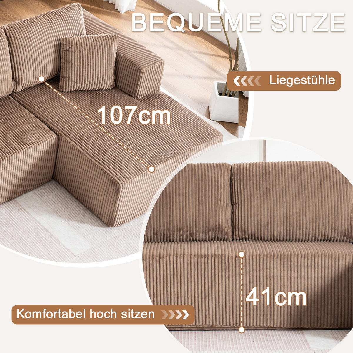 WOHNLANDSCHAFT Cord Braun mit Kissen - Braun, Textil (332/88/156cm) - WISHDOR