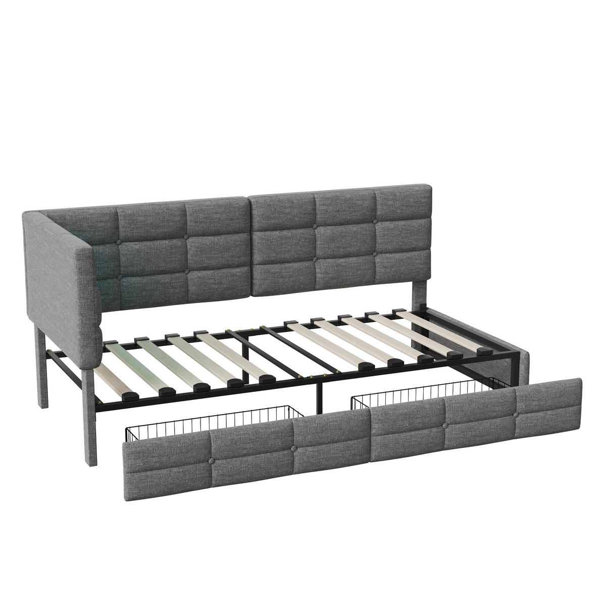 POLSTERBETT 90x200 cm - L-Form - mit LED, USB & 2 Schubladen Leinen Grau - Grau, Textil (90/200cm) - DELFA