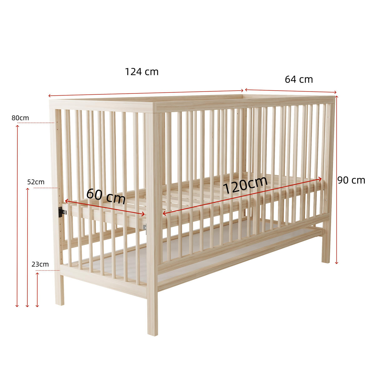 KINDERBETT 60/120 cm in Natur Massivholz höhenverstellbar und umbaubar - Naturfarben, Holz/Holzwerkstoff (60/120cm) - WISHDOR