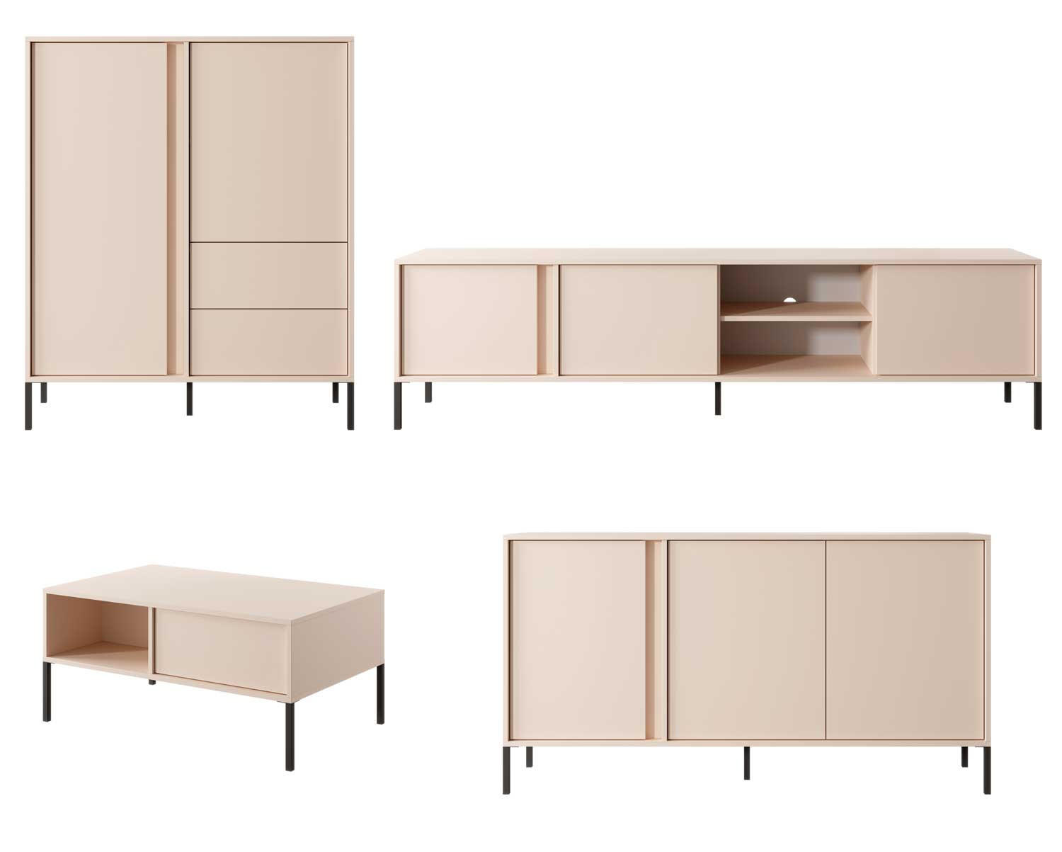 WOHNZIMMER-SET Dast (4-tlg) Beige / ohne LED-Beleuchtung - Beige/Schwarz, Holz/Holzwerkstoff (556/123/60cm) - Feldmann-Wohnen