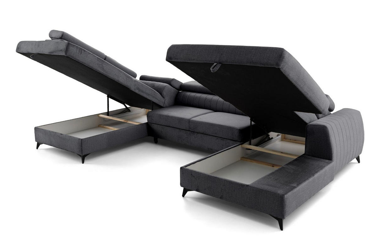 ECKSOFA U-Form PIERO U Links mit Schlaffunktion 125x260 Velours Dunkelgrau - Dunkelgrau/Schwarz, Holz/Textil (350/90/203cm) - Muffo