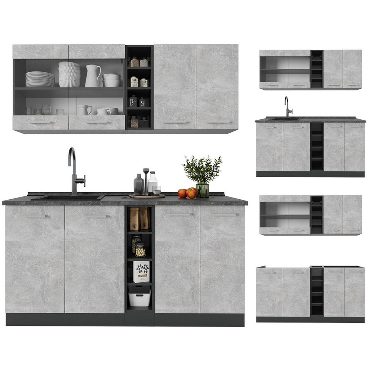 SINGLEKÜCHE R-Line Beton/Anthrazit 160 cm ohne Arbeitsplatte - Schieferfarben/Anthrazit, Holzwerkstoff (160/81.6/46cm) - Vicco
