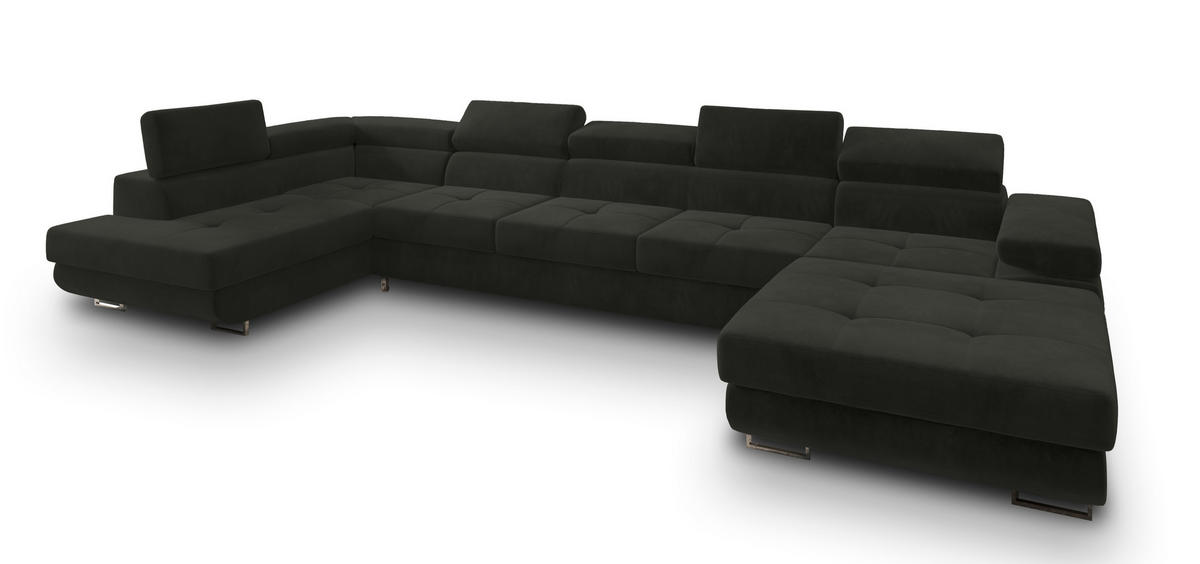 WOHNLANDSCHAFT TORIVA L-S Schwarz Velours-Stoff mit Schlaffunktion - Schwarz, Holz (418/90/202cm) - MASSENO