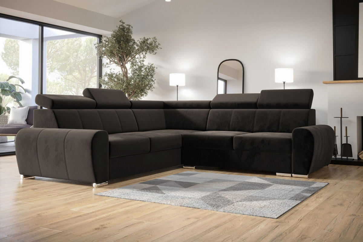 ECKSOFA APOLLO,mit Schlaffunktion und Bettkasten, Farbe: Braun, Velourstoff, Ottomane Links - Braun, Textil (255/255cm) - O-Sofa
