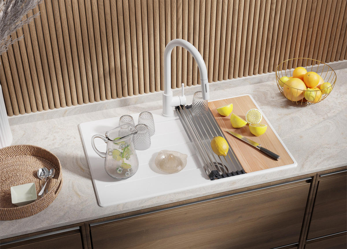 GRANITSPÜLE Kopenhagen, 2-er set Weiß 78/50 cm 1 Becken + Küchenarmatur 32/20 cm + Ablauf-Set + Schneidebrett ab 45er Unterschrank - Chromfarben/Beige, Kunststoff (78/20/50cm) - Primagran