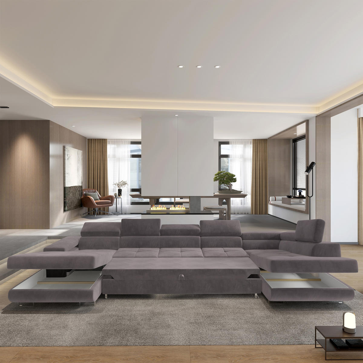 WOHNLANDSCHAFT TORIVA R-S Lila Velours-Stoff mit Schlaffunktion - Lila, Holz (418/90/202cm) - MASSENO