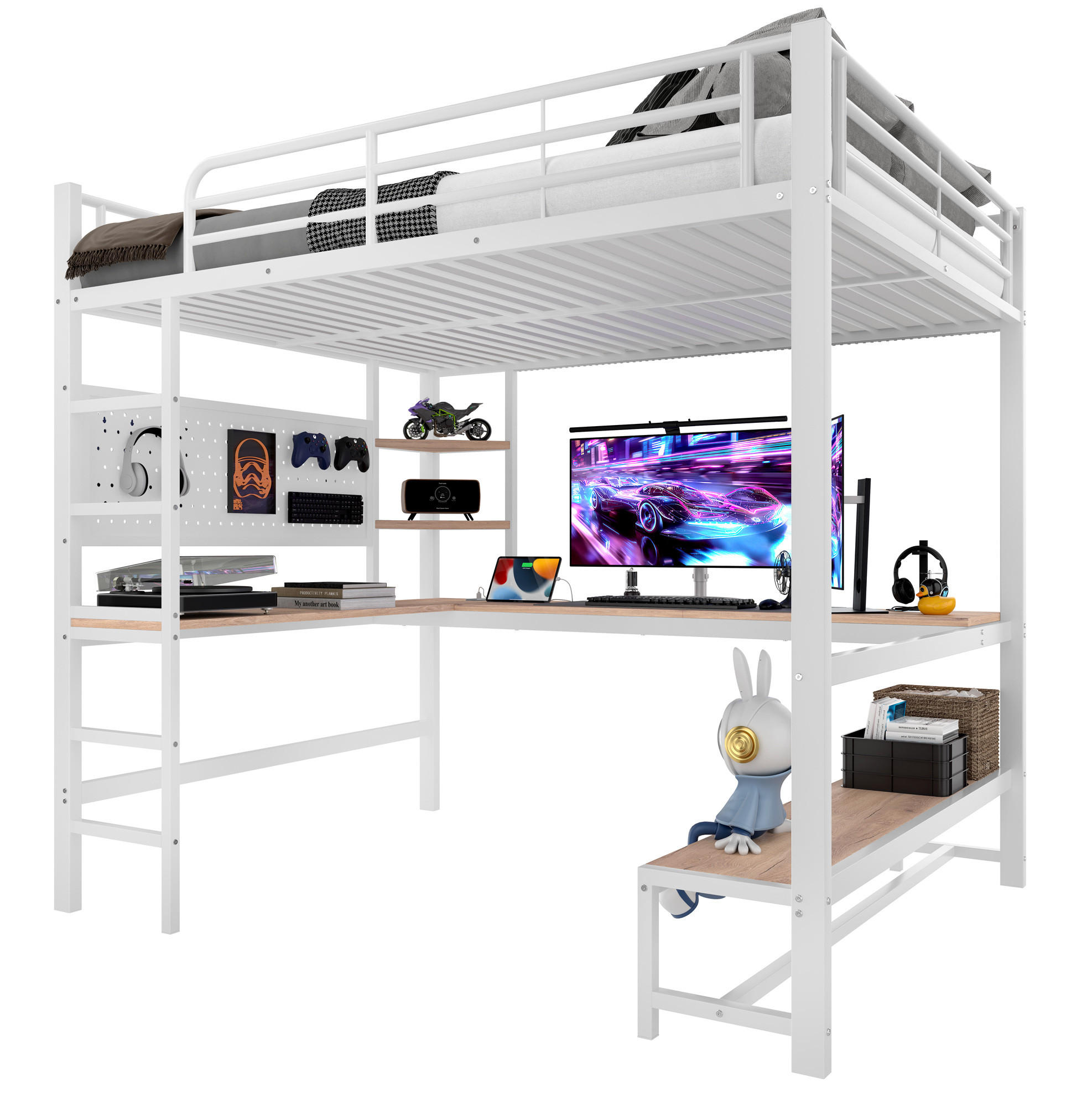 HOCHBETT 140/200 cm aus Metall mit Schreibtisch, LED-Leiste und USB-Typ-C-Anschluss Weiß - Weiß, Metall (140/200cm) - Modenvie