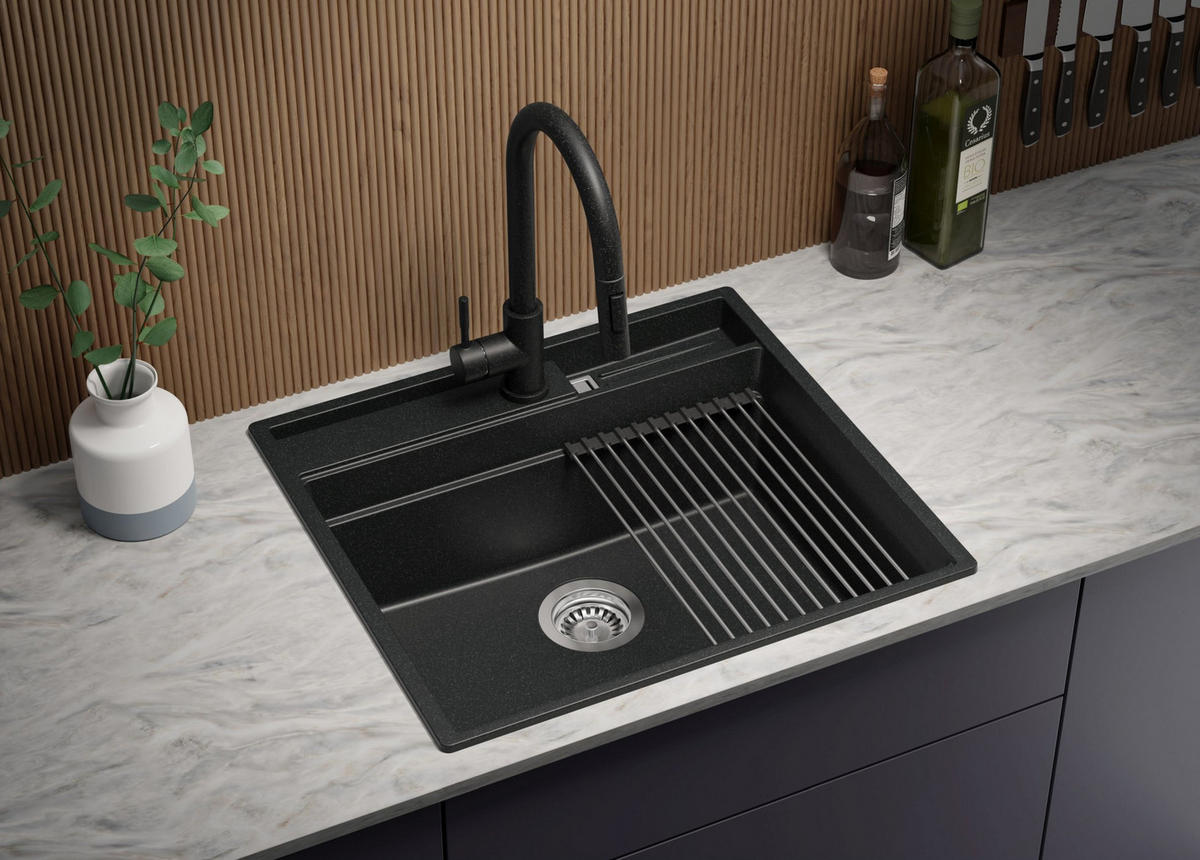 SPÜLBECKEN Oslo Pocket, 2-er set Anthrazit 58/53 cm 1 Becken + Ablauf-Set + Küchenzubehörset ab 60er Unterschrank - Chromfarben/Anthrazit, Kunststoff (58/20/53cm) - Primagran