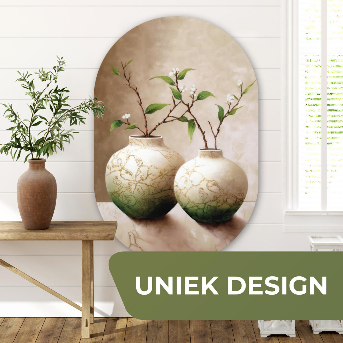 WANDBILD Blumen - Vase - Weiß - Botanisch - Beige Deko Groß 80x120 cm - Ecru, Kunststoff (80/120cm) - MuchoWow