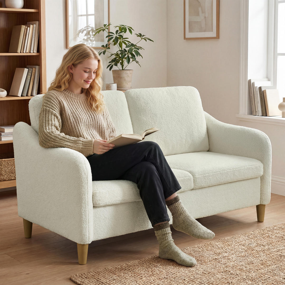 2-SITZER-SOFA DE-06558 kleine Couch mit Sherpa-Fleece-Optik, 137 cm Cremeweiß - Creme, Holz/Textil (137/82/69cm) - ComfortXL