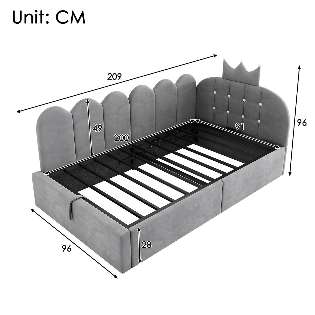 POLSTERBETT 90/200 cm aus Samt mit hydraulischem Stauraum und Kronen-Gitter-Design, Grau - Grau, Holz (90/200cm) - Redom