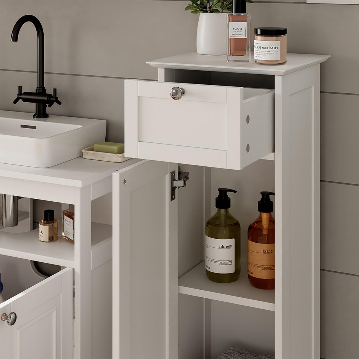 BADSCHRANK Vanity Weiß 32 x 92 cm mit Schublade - Weiß, Holzwerkstoff (32/92/30cm) - Vicco