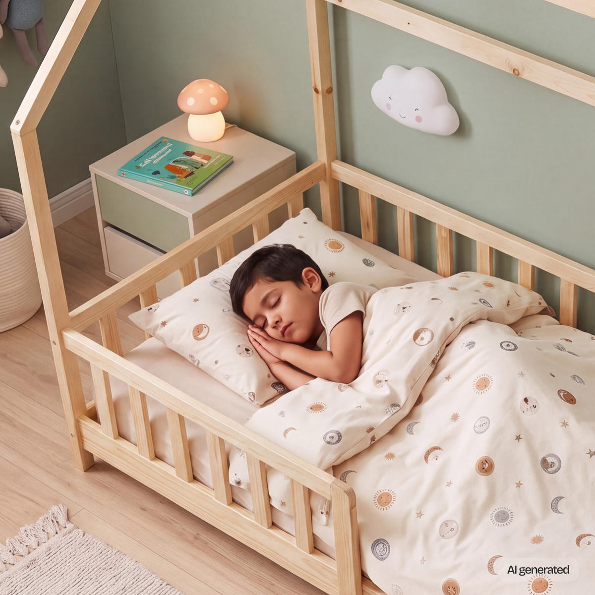 HAUSBETT Hesel mit Matratze - Naturfarben, Holz/Textil (90/200cm) - [en.casa]