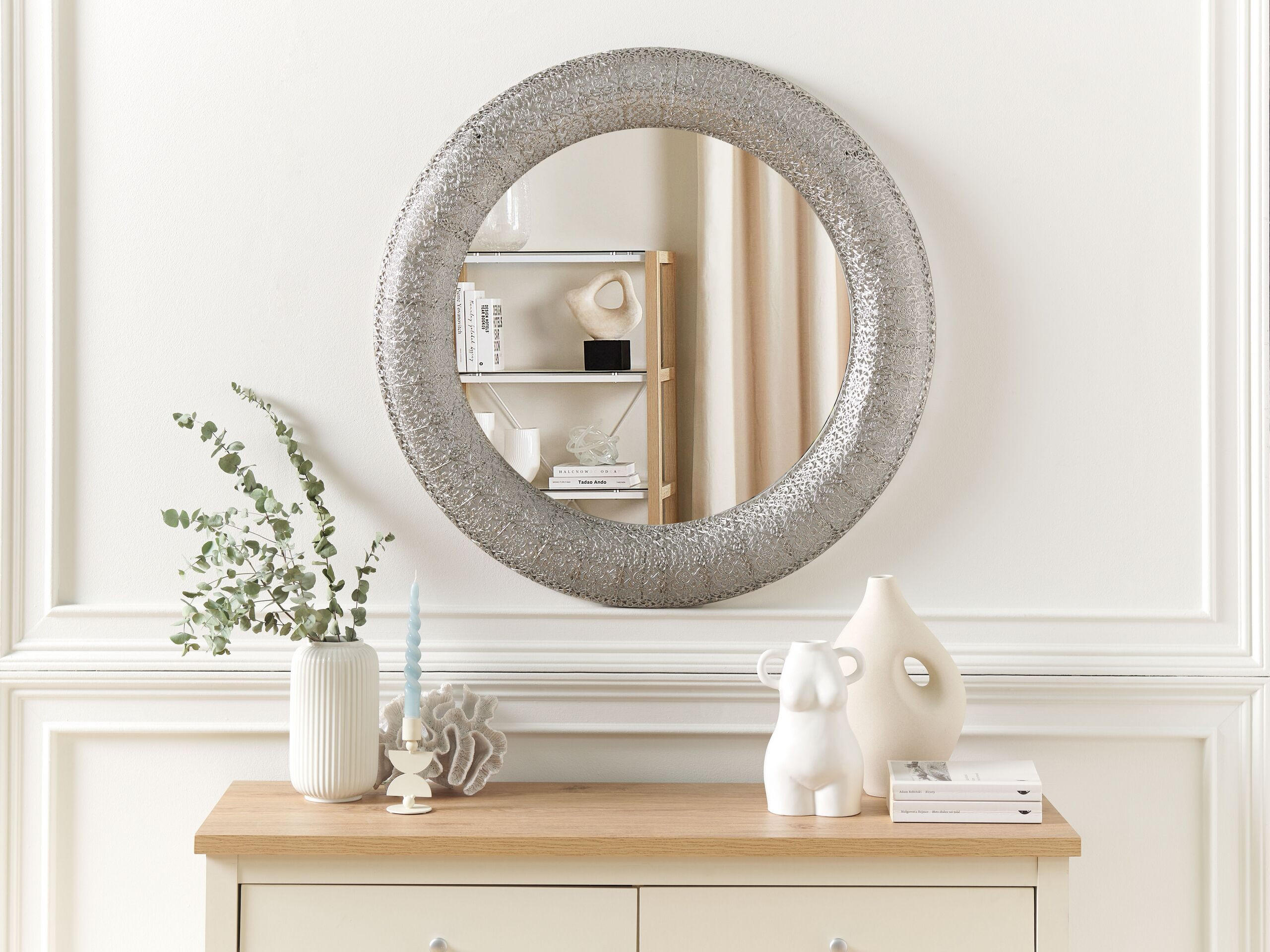 WANDSPIEGEL silber rund 80 cm Channay - Silberfarben, Metall (80/80/5cm) - Beliani