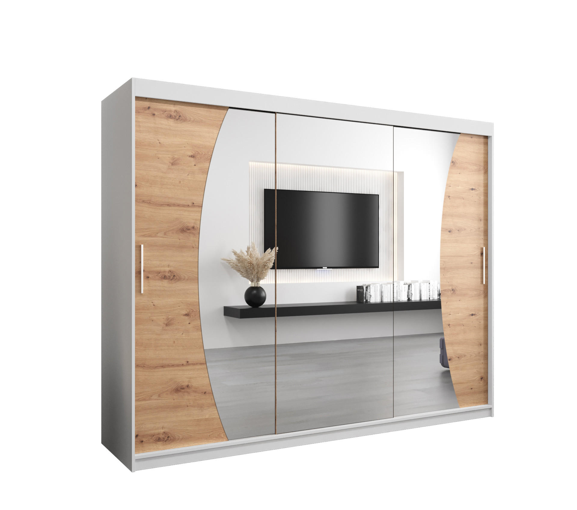 Abiks Möbel Schwebetürenschrank Weiß, Eiche Artisan 250x200x62 cm
