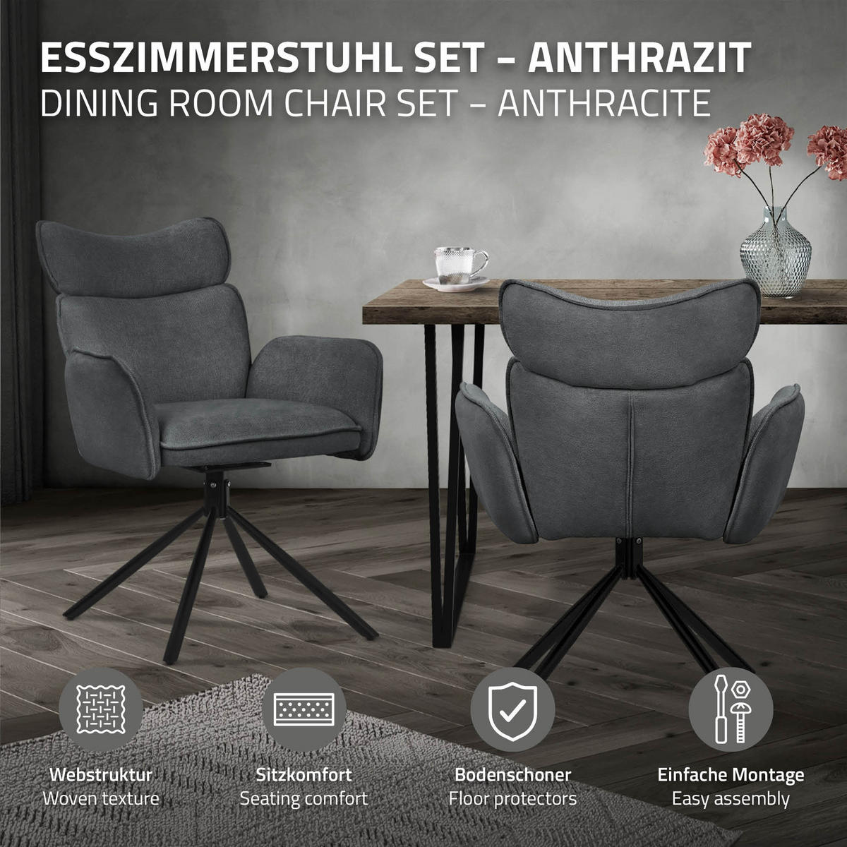 JÍDELNÍ ŽIDLE, sada 6 ks, otočné, antracitové s látkovým potahem - černá/antracitová, kov/textil (63/89/68cm) - ML-DESIGN