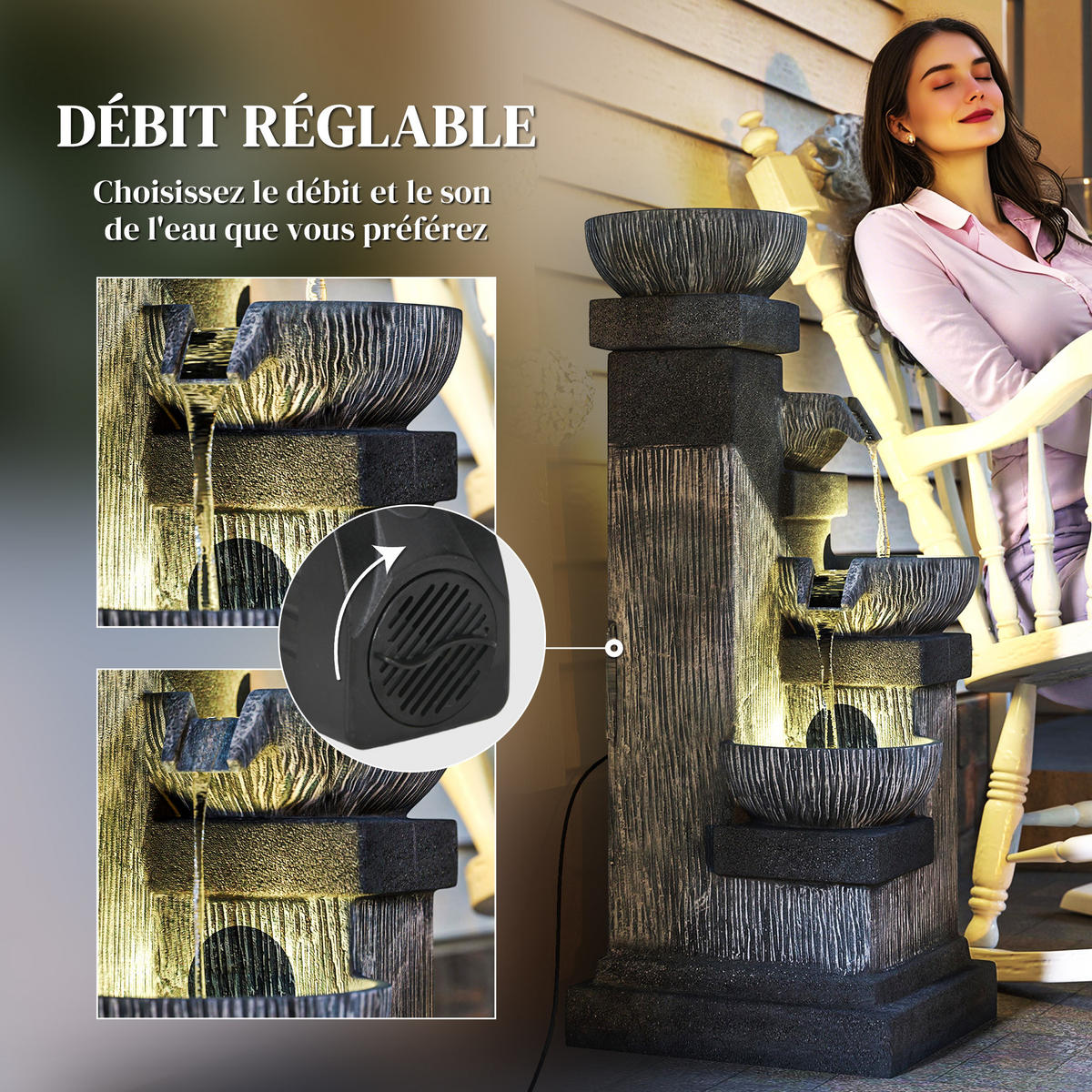 GARTENBRUNNEN DE-18874 4-stufige Kaskade mit LED Grau - Grau, Kunststoff (38/36/85cm) - ComfortXL