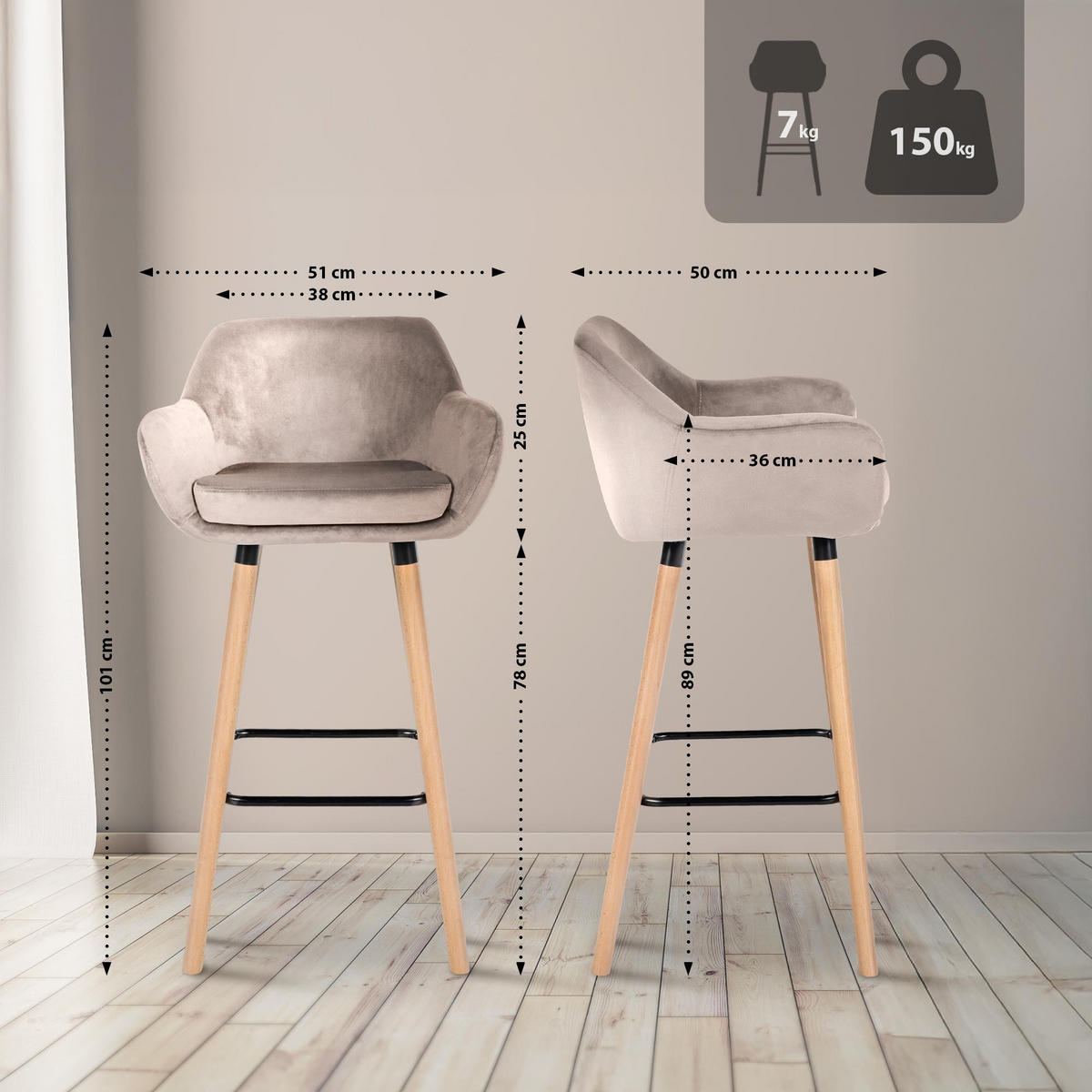 BARHOCKER Samt creme - Eukalyptusholzfarben/Creme, Holz/Textil (51/101/50cm) - CLP
