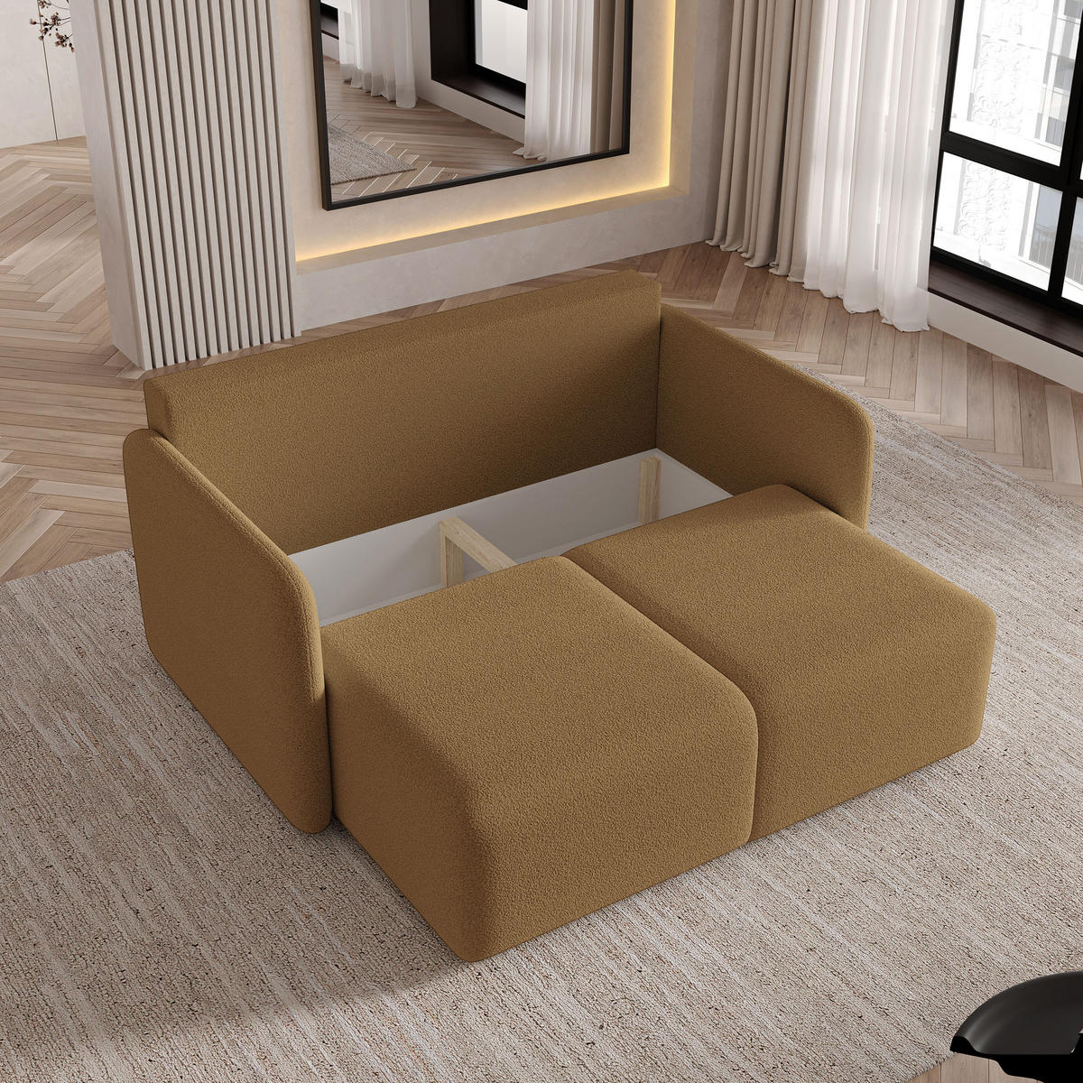 BETTSOFA SUVI II Q Orange Bucle-Stoff mit Schlaffunktion - Dunkelorange, Textil (90/85/153cm) - MASSENO