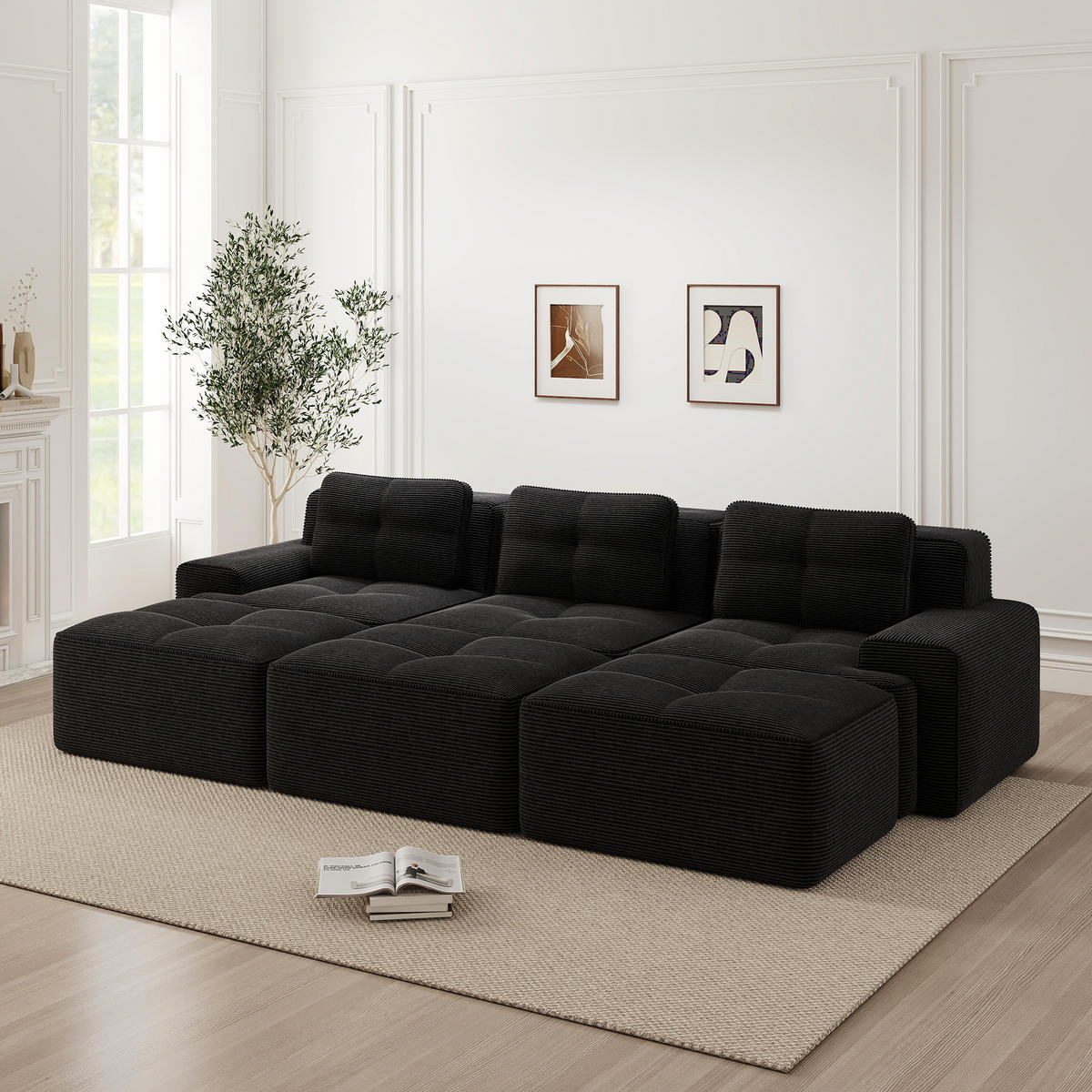 3-SITZER Sofa 293×177×69 cm Cordstoff knochenlos modular mit 3 Hockern, schwarz - Schwarz, Textil (177/69/293cm)