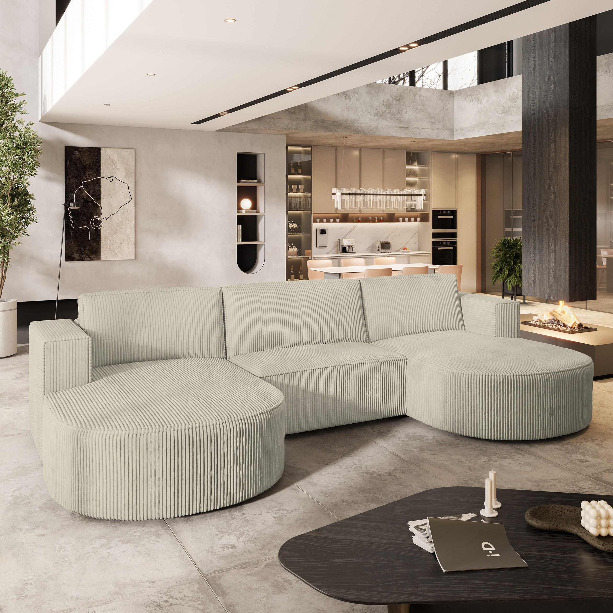 WOHNLANDSCHAFT VEZZO P Creme Kordstoff mit Schlaffunktion - Creme, Holz (347/85/174cm) - MASSENO