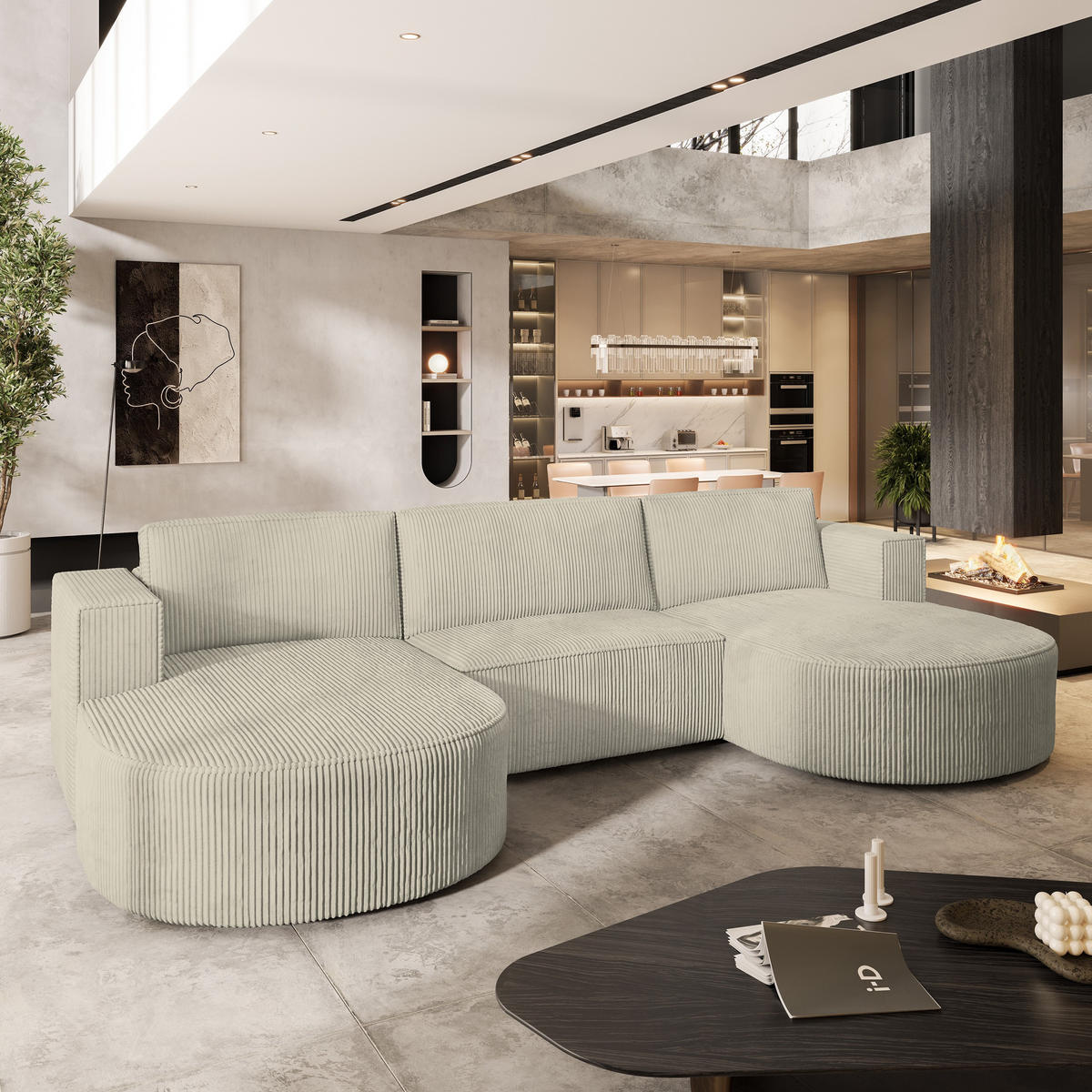WOHNLANDSCHAFT VEZZO P Creme Kordstoff mit Schlaffunktion - Creme, Holz (347/85/174cm) - MASSENO