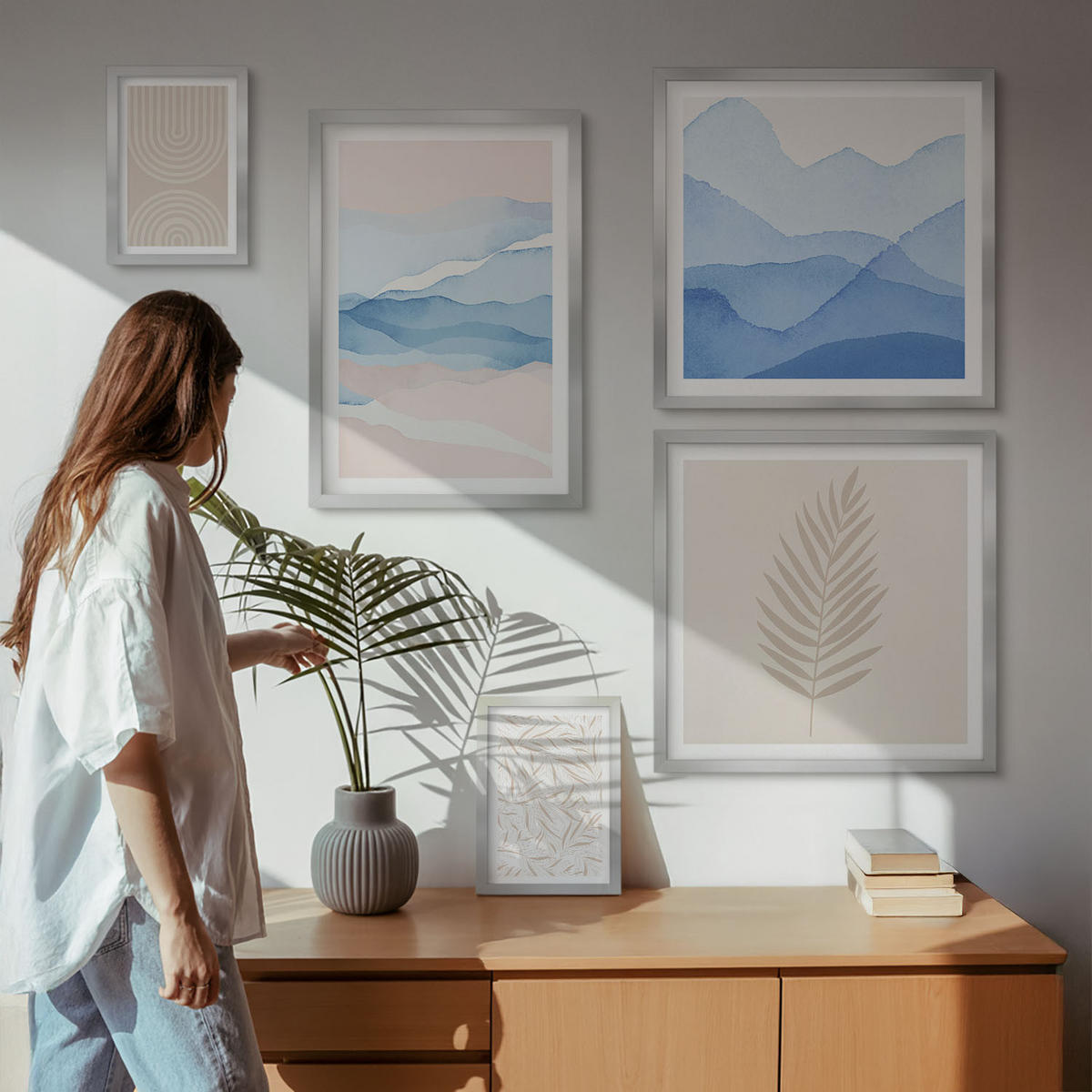WANDBILDER 5er Set - 50x50 cm & 20x30 cm & 40x60 cm Silberner Rahmen - Blätterwellen beige blau - Silberfarben, Kunststoff (40/60cm) - ArtPrintCave