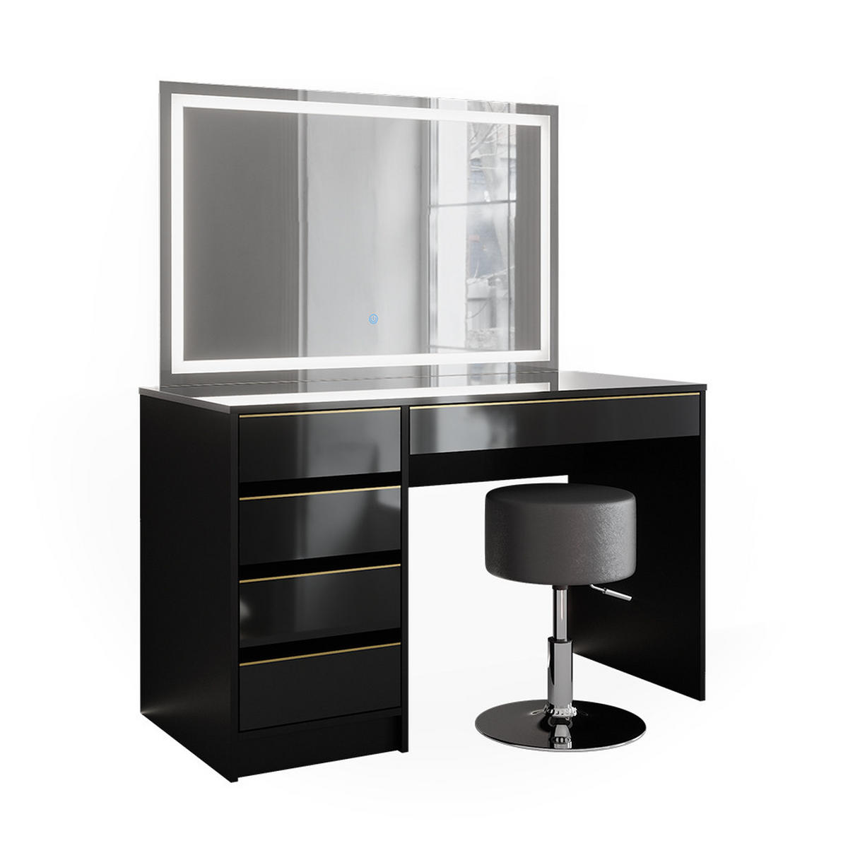SCHMINKTISCH Sherry Schwarz/Gold 120 cm mit LED-Spiegel und Hocker - Goldfarben/Schwarz, Holzwerkstoff (120/75/55cm) - Vicco